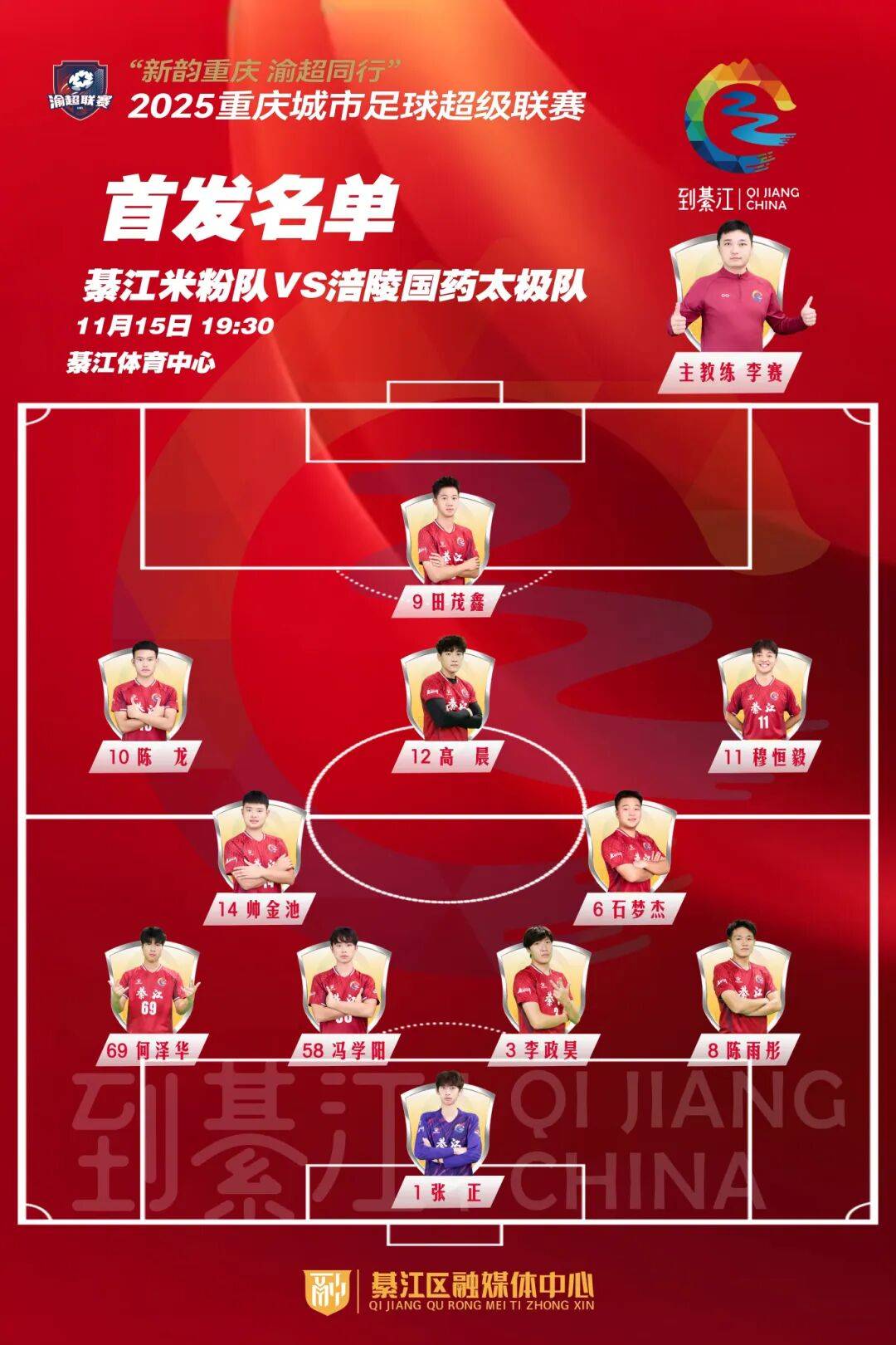 綦江(jiāng)VS涪陵，首發(fā)陣(zhèn)容(róng)名单→